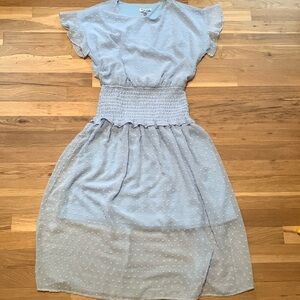 Love Ady Short Sleeve Smocked Waist Swiss Dot Flowy Dress Baby Blue Women’s XS